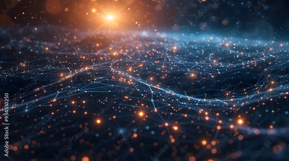 Poster an interstellar data landscape with glowing data nodes representing interconnected information repli