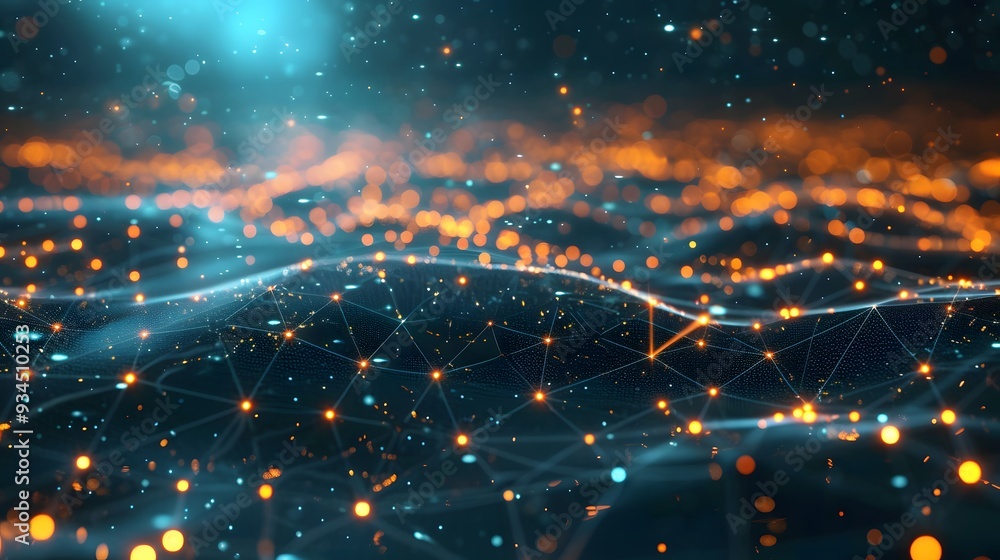 Poster an interstellar data landscape with glowing data nodes representing interconnected information repli