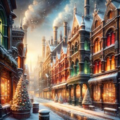 Fototapeta premium A wintery street is lined with ornate Victorian buildings, their windows aglow with light, while decorated Christmas trees add a festive touch. as smokestacks tower above the rooftops, (Gen, A.I.)