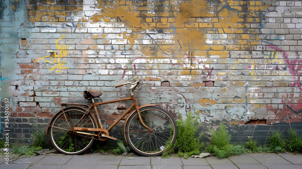 Wall mural an old rusty bicycle leaning against a crumbling brick wall adorned with colourful graffiti ai gener