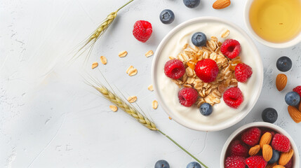 A detailed shot of a breakfast spread featuring oatmeal with raspberries and blueberries, honey, almonds, and a side of granola on a white table.