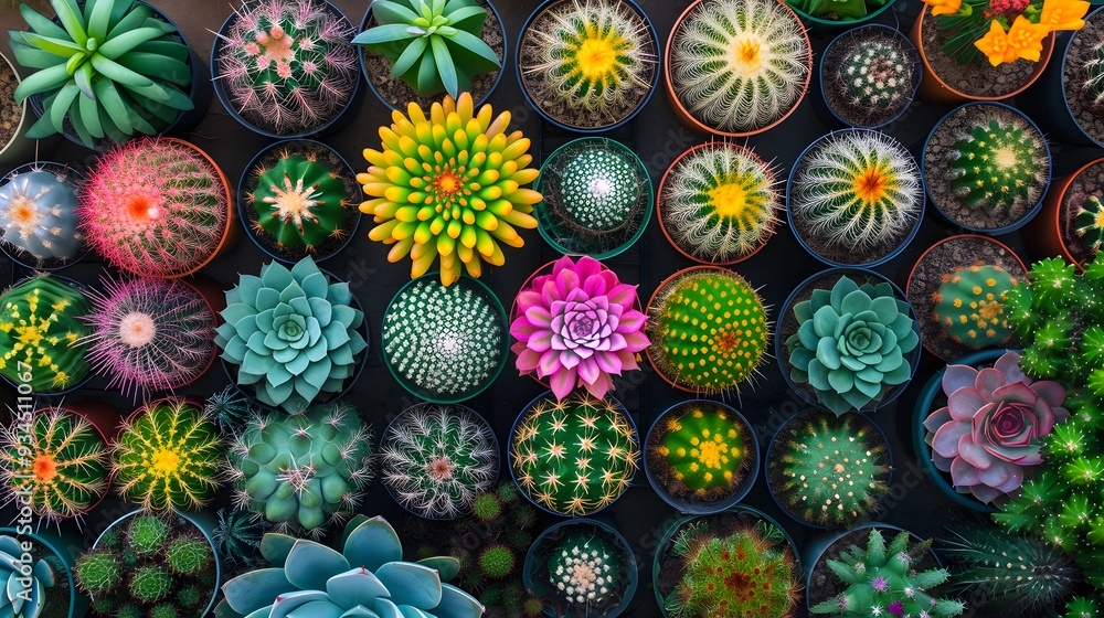 Poster an overhead view of a colorful collection of different shapes and sizes of cacti ai generated illust