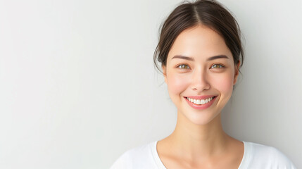 A lovely young Japanese woman with smooth, healthy skin, softly smiling while dressed in a casual white top against a light background.