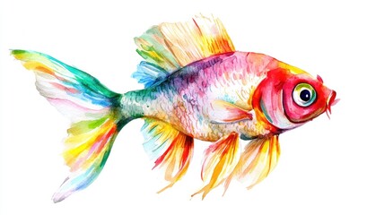 Fototapeta premium Watercolor illustration of a decorative fish in vibrant red yellow pink green and blue shades on a white background