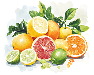 A vibrant collection of citrus fruits, including lemons, limes, oranges, and grapefruit, arranged in a still life composition.