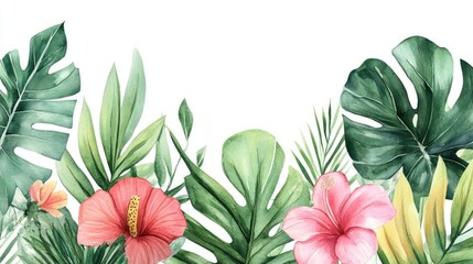 Watercolor floral banner featuring jungle leaves in a hand painted illustration