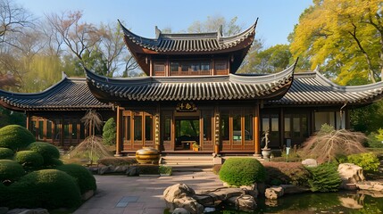 Obraz premium Asian-style house with ornate sculptural roof AI generated illustration
