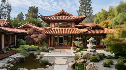 Naklejka premium Asian-style house with ornate sculptural roof AI generated illustration