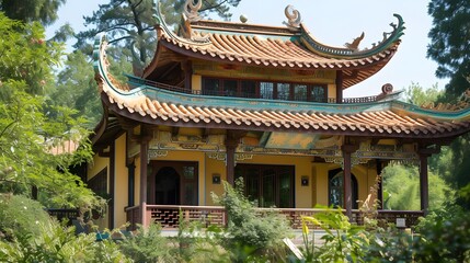 Asian-style house with ornate sculptural roof  AI generated illustration