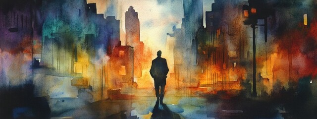 Watercolor illustration of a disguised man strolling through a city at sunset