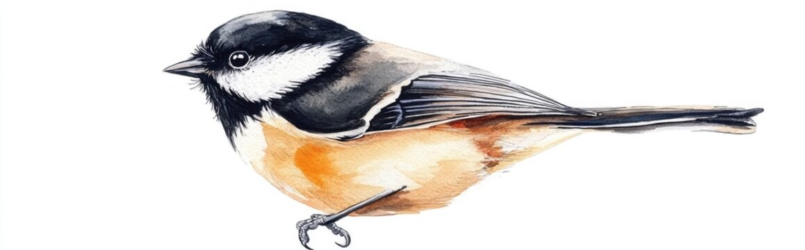 Watercolor illustration of a chickadee bird on a white background Hand drawn depiction of the animal
