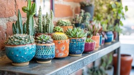 A modern cafe features a beautifully curated collection of cactus and succulents displayed on a sleek metal shelf. The plants, in an array of stylish pots, bring a touch of greenery to the