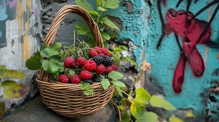 A Wicker Basket Overflowing with Fresh Raspberries and Blackberries