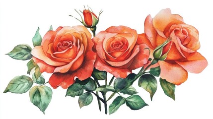 Watercolor illustration of a bouquet of rose flowers in red and orange hues for decorative purposes Hand painted floral composition