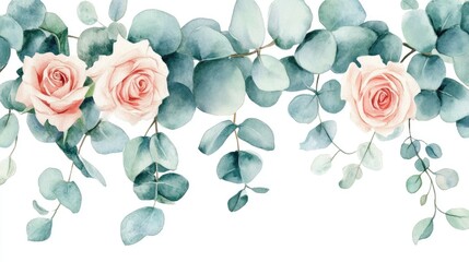 Watercolor illustration featuring eucalyptus leaves and roses