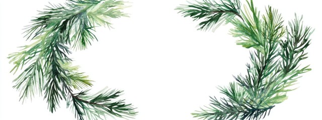 Watercolor illustration of a green wreath featuring pine branches Circular holiday frame with a hand drawn border set against a white background Floral element suitable for packaging labels logos