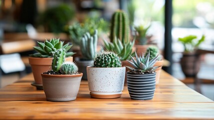 A modern cafe with a focus on a large wooden table adorned with a variety of cactus and succulents in unique, handmade pots. The plants add a touch of nature to the sleek, contemporary design, which