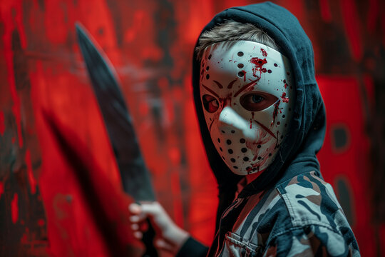 Halloween Smasher Boy Dressed as Monstrous Killer With Knife and Mask, Bringing Halloween Nightmares to Life