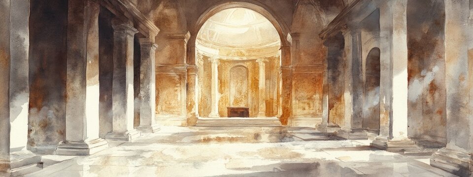 Watercolor illustration inspired by a famous altar artwork Reproduction from an illustrated encyclopedia on European art galleries