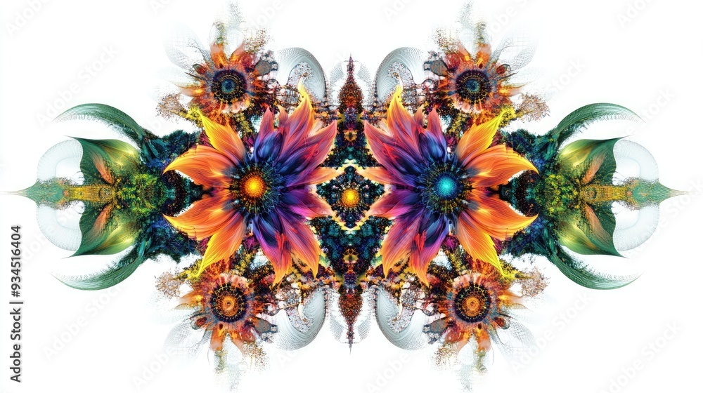 Poster abstract art of colorful and vibrant fractal flowers, symmetrically designed with intricate details 