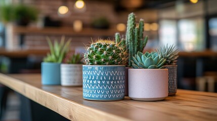 A cozy cafe corner features a beautifully arranged collection of cactus and succulents in a variety of stylish pots. The plants are placed on a wooden shelf and a nearby table, with soft light