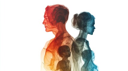 Abstract human body composition with overlapping transparent figures of man, woman, and child, isolated on white