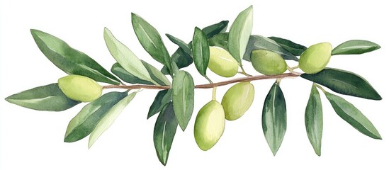 Obraz premium Watercolor illustration of a green olive branch hand drawn