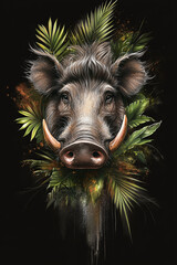  Double exposure Realistic Warthog with jungle foliage