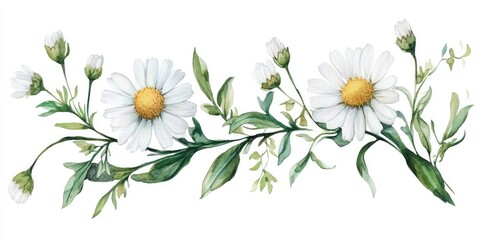 Watercolor illustration of a chamomile branch featuring daisies leaves and buds isolated on a white background Suitable for packaging design for herbal and cosmetic products