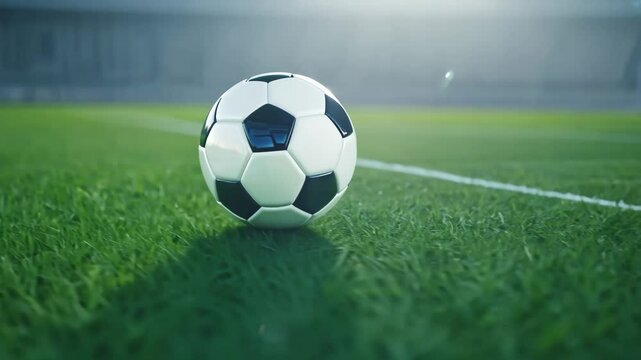 Ball in goal on green field in soccer stadium. Player shoot a ball for make epic score. World championship cup. Sport bet, football match betting. Motion animation, camera move right