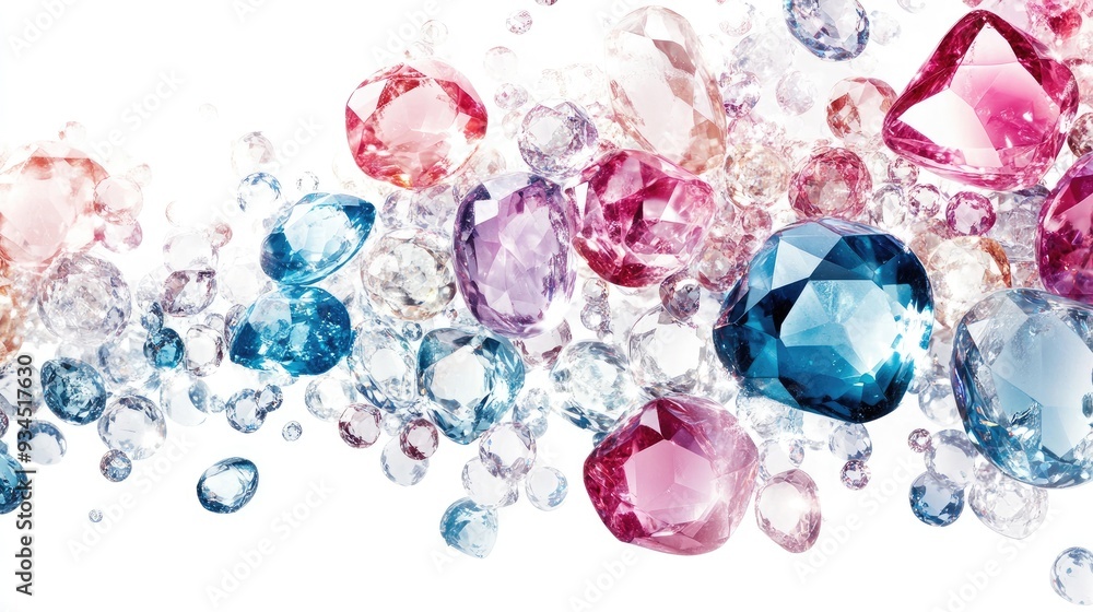Poster artistic composition with overlapping transparent jewels and diamonds, creating a vibrant and elegan