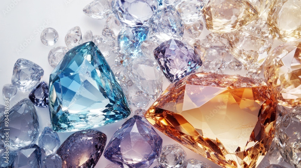 Poster artistic composition with overlapping transparent jewels and diamonds, creating a vibrant and elegan
