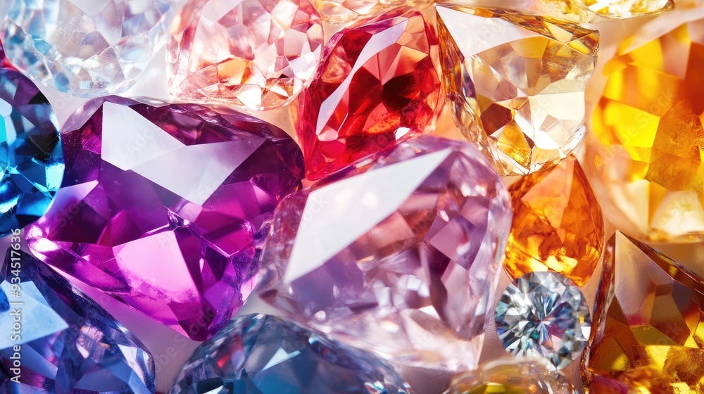 Poster artistic composition with overlapping transparent jewels and diamonds, creating a vibrant and elegan