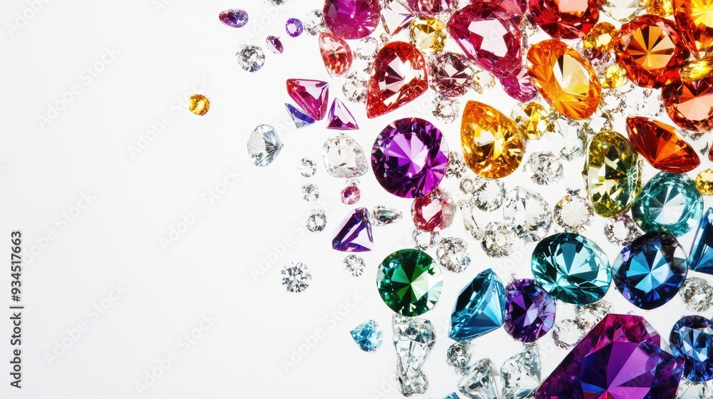 Poster artistic composition with overlapping transparent jewels and diamonds, creating a vibrant and elegan