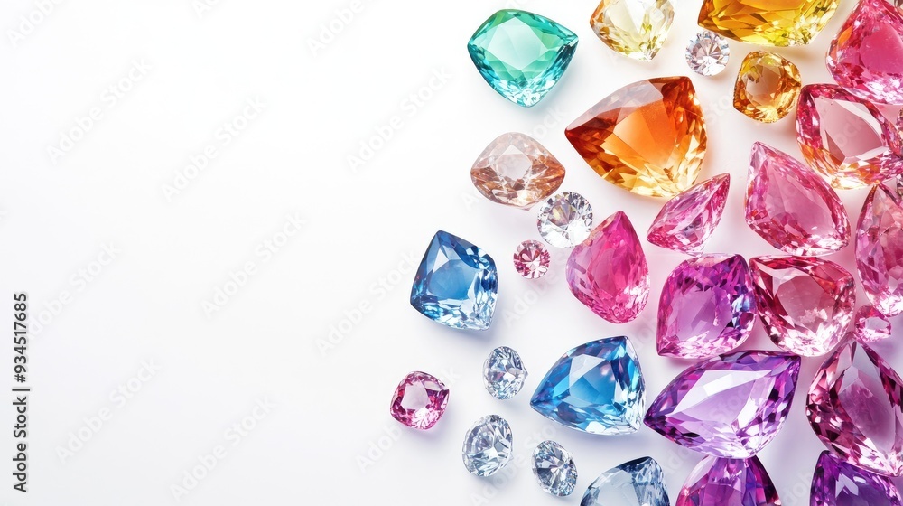 Poster artistic composition with overlapping transparent jewels and diamonds, creating a vibrant and elegan