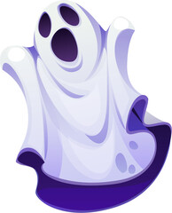 Cartoon Halloween ghost character, scary spooky personage, horror evil monster with a wide-open mouth, expressing fear or surprise. Vector phantom exudes white with a purple chilling glow, saying boo © Vector Tradition