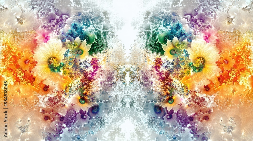 Poster beautiful abstract art of colorful fractal flowers, symmetrically arranged with intricate patterns o