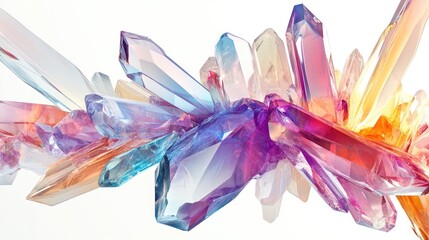 Beautiful abstract design with overlapping colorful transparent crystals and gemstones, set against a clean white background