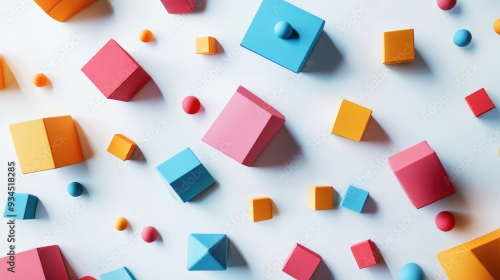 Poster bold and colorful 3d geometric shapes arranged in an abstract pattern, floating over a white backgro