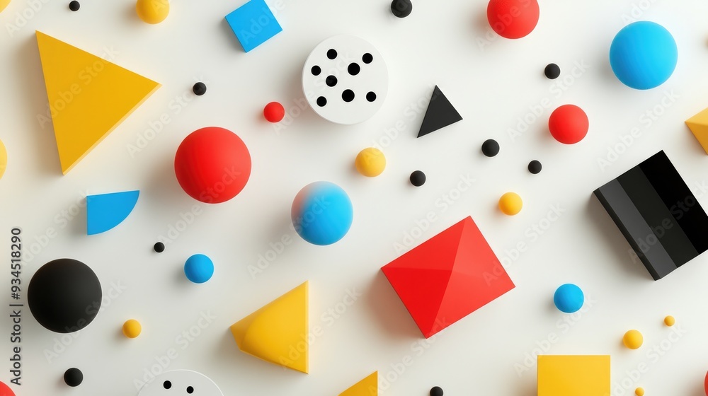 Poster bold and colorful 3d geometric shapes arranged in an abstract pattern, floating over a white backgro