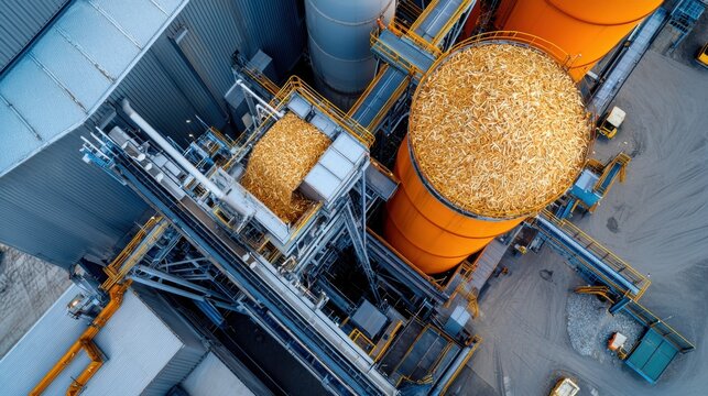 Close-up of a biomass power plant is feedstock handling system, featuring detailed images of large storage silos, conveyor systems.