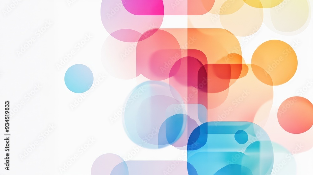 Poster elegant minimalist layout with overlapping colorful transparent circles and rectangles, creating a s