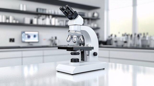 A high-resolution image of a cutting-edge microscope in a clean, minimalist lab. The microscope is positioned centrally on a polished white countertop, with various digital displays and lab tools