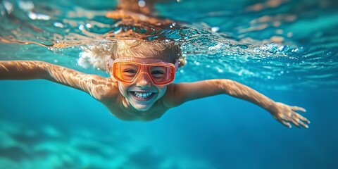 Naklejka premium A happy child swimming underwater on summer vacation.