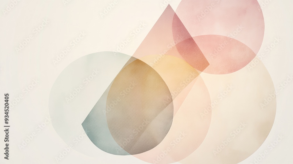 Poster minimalist composition with overlapping transparent circles, triangles, and rectangles in soft color