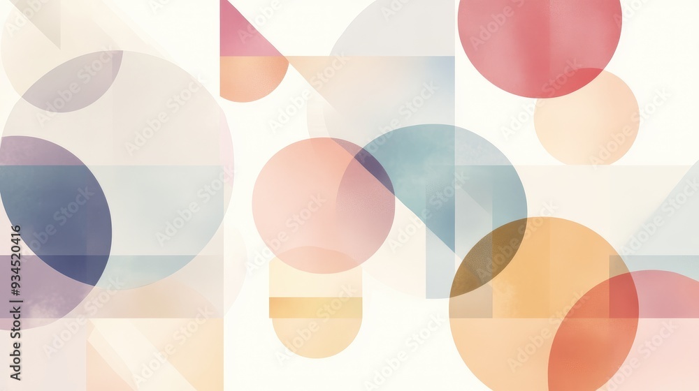 Poster minimalist composition with overlapping transparent circles, triangles, and rectangles in soft color