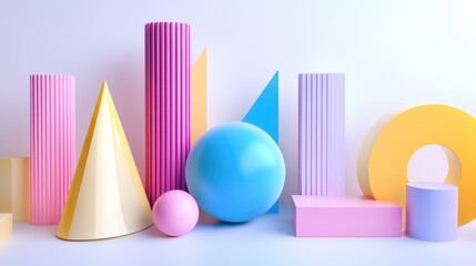 Modern abstract design featuring colorful 3D geometric forms elegantly aligned on a minimal white background