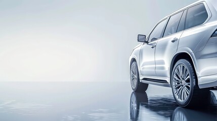 A silver SUV is parked on a reflective surface, only the back half of the car is visible. The car is reflective, giving the impression that it is floating.