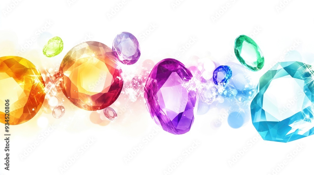 Poster modern abstract design with colorful transparent gemstones and diamonds, overlapping softly on a whi