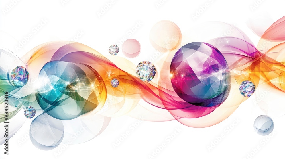 Poster modern abstract design with colorful transparent gemstones and diamonds, overlapping softly on a whi